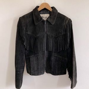 IMPECCABLE vintage Wilsons Leather black suede jacket with fringe size 10